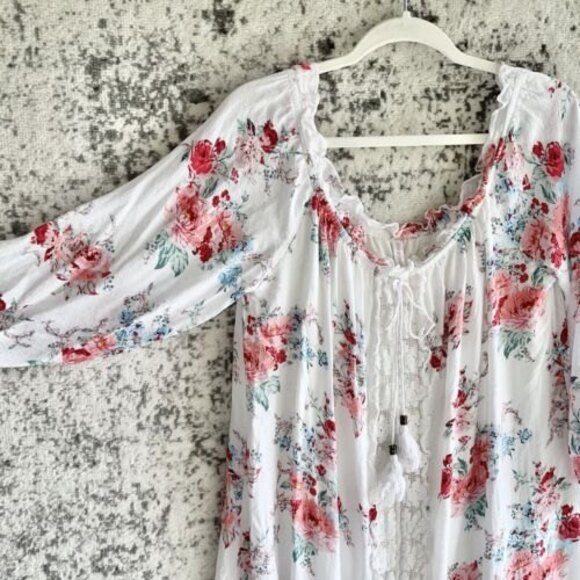 Xhilaration Tunic Dress Size XXL Off the Shoulders White Lace Pink Floral Casual - Picture 5 of 11